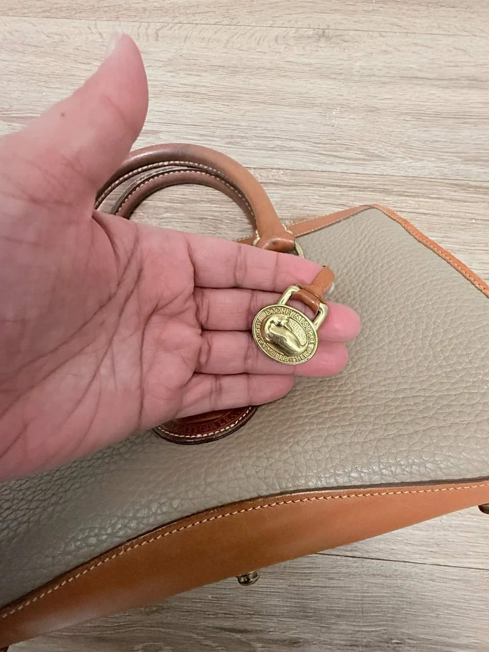 Vintage Dooney & Bourke Taupe Pebbled Leather Satchel with Tan Trim